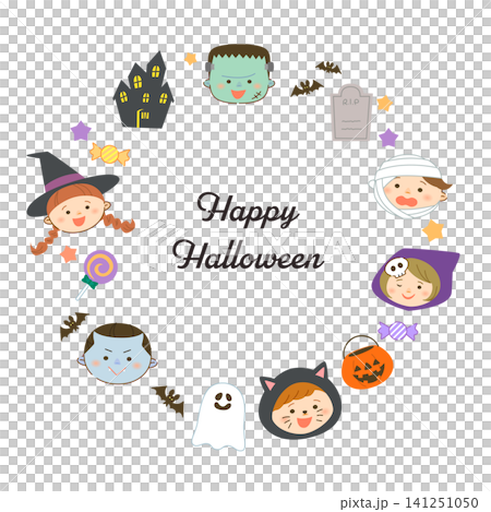 かわいいハロウィンキャラクターの円形フレーム Happy Halloween イラスト素材 かわいいハロウィンキャラクターの円形フレーム Happy Halloween イラスト素材 141251050
