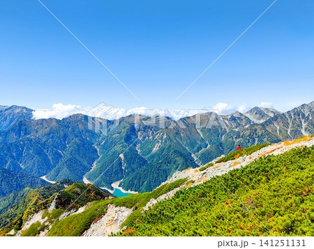 秋の針ノ木岳・蓮華岳登山（針ノ木岳山頂から鳶山・鷲岳・獅子岳方面の眺め） 141251131