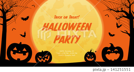 ハロウィンパーティーのかぼちゃと満月のオレンジ色バナーデザイン ベクターイラスト ハロウィンパーティーのかぼちゃと満月のオレンジ色バナーデザイン ベクターイラスト 141251551