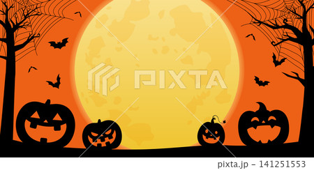 ハロウィンパーティーのかぼちゃと満月のオレンジ色バナーデザイン ベクターイラスト ハロウィンパーティーのかぼちゃと満月のオレンジ色バナーデザイン ベクターイラスト 141251553
