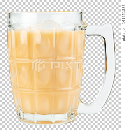 Large faceted glass mug filled with creamy milk tea or coffee with milk, isolated. Opaque beige beverage in a heavy tankard with handle, perfect for cafe or menu design. Large faceted glass mug filled with creamy milk tea or coffee with milk, isolated. Opaque beige beverage in a heavy tankard with handle, perfect for cafe or menu design. 141251888