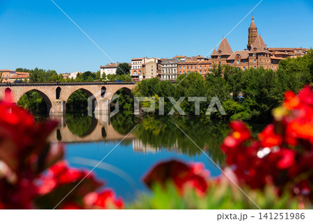 Montauban city on sunny day. Medieval bridge over the Tarn river 141251986