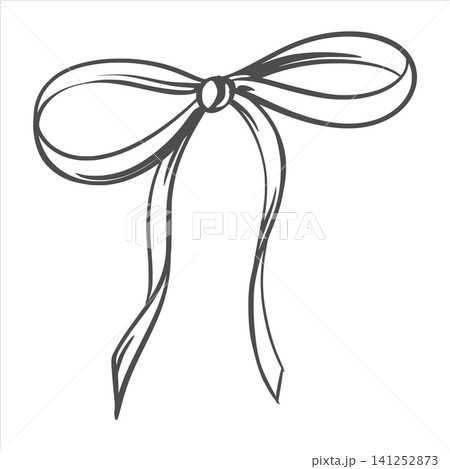 Vector bow hand drawn aesthetic. Ribbon with smooth curves and knot in the middle. The monochrome design. Decorative element for invitations and greeting cards. Coquette style. Black and white sketch 141252873