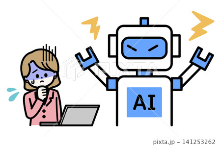 AIの暴走や不具合に困惑して青ざめる女性会社員のイラスト セキュリティリスクや導入失敗のイメージ AIの暴走や不具合に困惑して青ざめる女性会社員のイラスト セキュリティリスクや導入失敗のイメージ 141253262