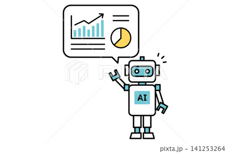 データ分析やグラフを提示するAIロボットの全身イラスト 自動レポートやマーケティングのイメージ データ分析やグラフを提示するAIロボットの全身イラスト 自動レポートやマーケティングのイメージ 141253264