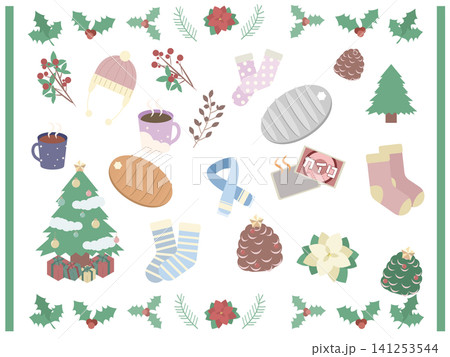 冬の小物イラストセット｜防寒とクリスマス素材 141253544