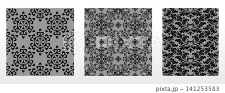 Geometric floral set of seamless patterns. Gray and black vector backgrounds. Damask graphic ornaments Geometric floral set of seamless patterns. Gray and black vector backgrounds. Damask graphic ornaments 141253583
