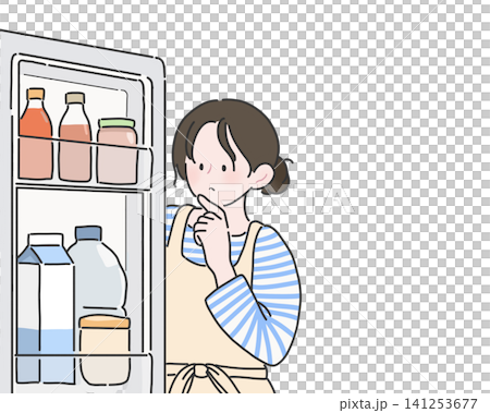 A woman checking the contents of her refrigerator; an illustration of her looking at the ingredients and planning a menu (PNG). 141253677