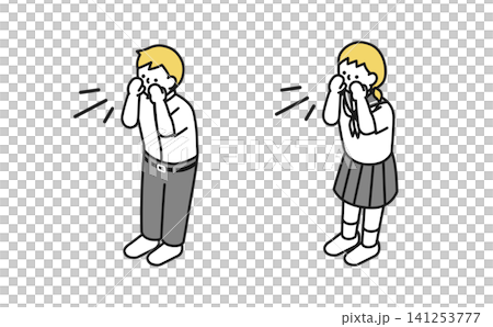 アイソメトリックイラスト：叫ぶ中学生男女(夏服 前) 141253777