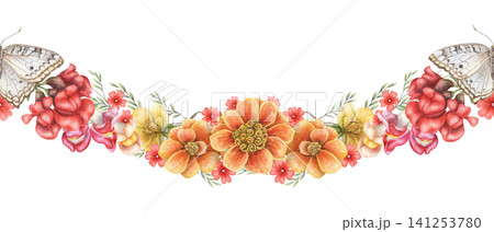 Summer flowers and white butterfly wavy seamless border. Hand drawn watercolor orange marigold with red snapdragon. Floral tropical design for greeting card. Botanical repeat blossom template. 141253780