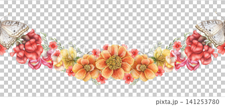 Summer flowers and white butterfly wavy seamless border. Hand drawn watercolor orange marigold with red snapdragon. Floral tropical design for greeting card. Botanical repeat blossom template. 141253780