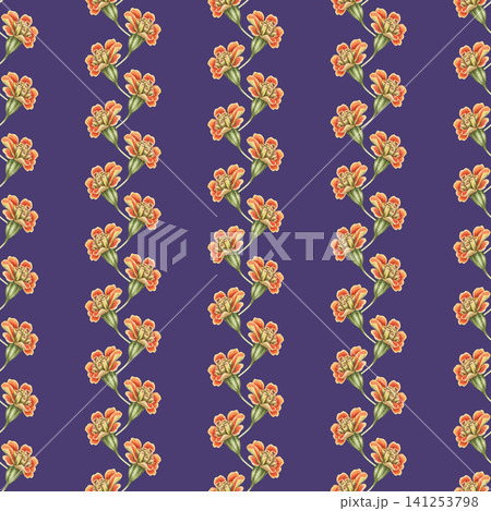 Marigold flowers vertical striped seamless pattern on purple background. Hand drawn watercolor Tagetes patula with orange blossom. Summer vintage design for fabric or wallpaper. Autumn repeat textile. 141253798