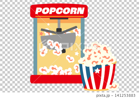 レトロなポップコーンマシーンとアメリカンなバケットのイラスト レトロなポップコーンマシーンとアメリカンなバケットのイラスト 141253883