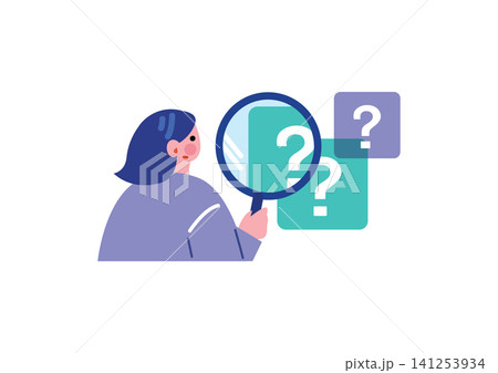 虫眼鏡で問題を調べるビジネス女性のイラスト 虫眼鏡で問題を調べるビジネス女性のイラスト 141253934