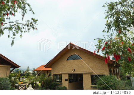 Rustic ranch house surrounded by blooming trees and greenery Rustic ranch house surrounded by blooming trees and greenery 141254059