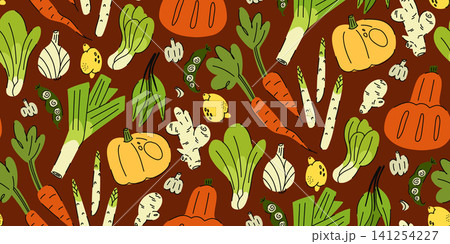 Seamless Vegetable Pattern with Fresh Farm Produce, Hand Drawn Autumn Harvest Illustration for Kitchen, Textile and Food Packaging 141254227