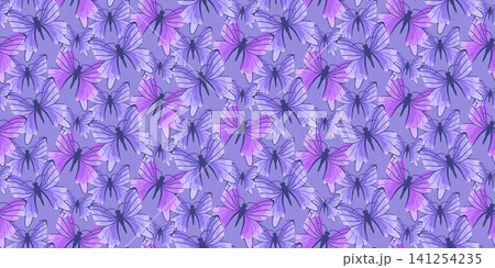 Purple Butterfly Seamless Pattern with Delicate Hand Drawn Wings, Decorative Spring Nature Illustration in Soft Lavender Tones Purple Butterfly Seamless Pattern with Delicate Hand Drawn Wings, Decorative Spring Nature Illustration in Soft Lavender Tones 141254235
