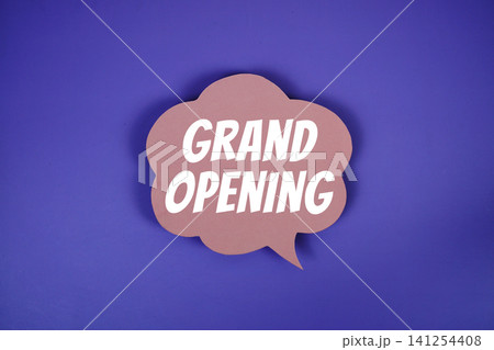 Grand Opening text with speech bubble on purple background Grand Opening text with speech bubble on purple background 141254408