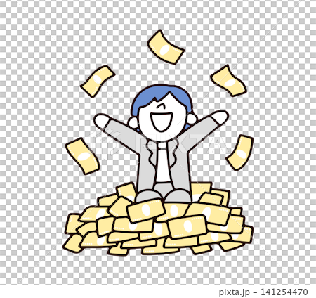 An illustration of a young woman in a suit with a smile, surrounded by many banknotes. An illustration of a young woman in a suit with a smile, surrounded by many banknotes. 141254470