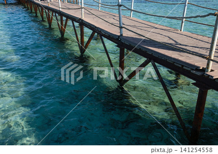 Wooden pier stretches over clear turquoise water, showcasing metal supports submerged below the surface in a coastal environment Wooden pier stretches over clear turquoise water, showcasing metal supports submerged below the surface in a coastal environment 141254558