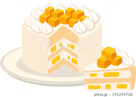Mango dessert cake with sponge layers whipped cream and fruit topping food illustration 141254726