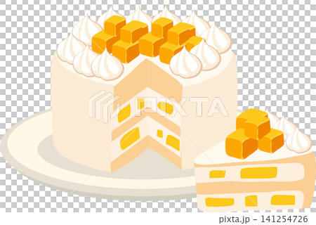 Mango dessert cake with sponge layers whipped cream and fruit topping food illustration 141254726