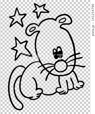 Hand drawn short-legged puppy outline for colouring book, decoration, dog cartoon, characters, comic, pet shop, vet, adopt rescue animal, foster home, shelter, house, park, yard, playtime, plush toy	 141254790
