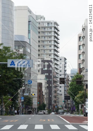 池之端一丁目交差点から望む文京区方面の街並みと道路標識(東京) 池之端一丁目交差点から望む文京区方面の街並みと道路標識(東京) 141254811