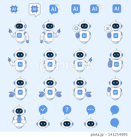 AIロボットのキャラクターとアイコンセット様々なポーズや表情のイラスト詰め合わせ 141254995