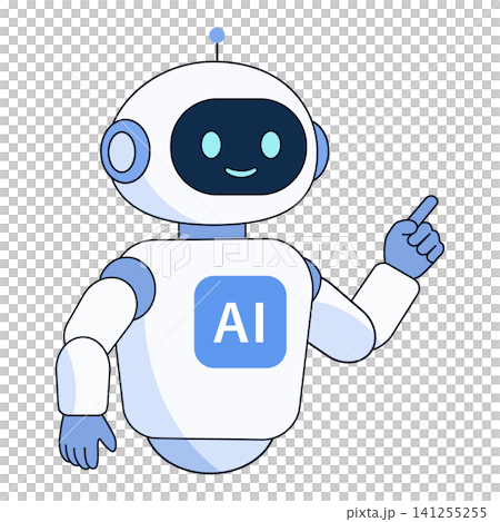 A cute AI robot character illustration showing it smiling and pointing to the upper right. A cute AI robot character illustration showing it smiling and pointing to the upper right. 141255255