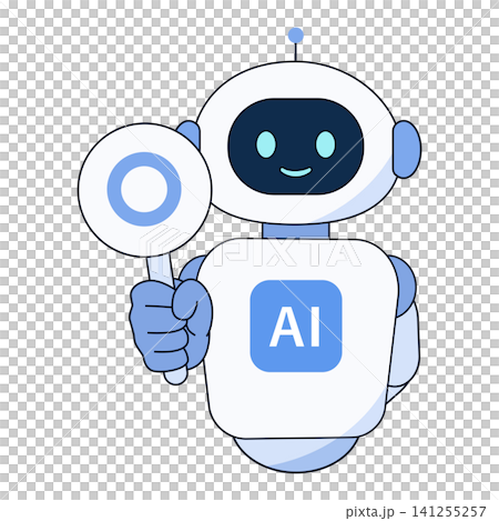 丸印の札を掲げて笑顔で正解や許可を伝えるかわいいAIロボットのキャラクターイラスト 丸印の札を掲げて笑顔で正解や許可を伝えるかわいいAIロボットのキャラクターイラスト 141255257
