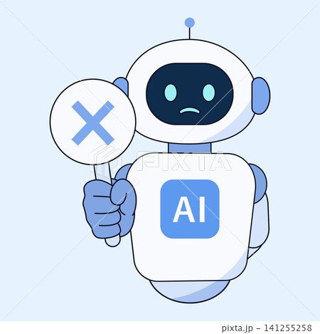 バツ印の札を掲げて困り顔でエラーや警告を伝えるかわいいAIロボットのキャラクターイラスト バツ印の札を掲げて困り顔でエラーや警告を伝えるかわいいAIロボットのキャラクターイラスト 141255258