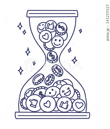 Hourglass with Social Media Icons and Coins. Timer Filled with Likes, Emoji, Hearts and Dollars. Line Art Doodle. Vector Illustration for Time Management, Content Monetization and No-Code Automation Hourglass with Social Media Icons and Coins. Timer Filled with Likes, Emoji, Hearts and Dollars. Line Art Doodle. Vector Illustration for Time Management, Content Monetization and No-Code Automation 141255527