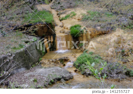 温泉成分で茶褐色に染まる伊香保温泉・湯沢川の風景 温泉成分で茶褐色に染まる伊香保温泉・湯沢川の風景 141255727