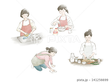 家事をするエプロン姿の女性イラストセット 141256699