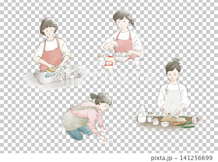 家事をするエプロン姿の女性イラストセット 141256699