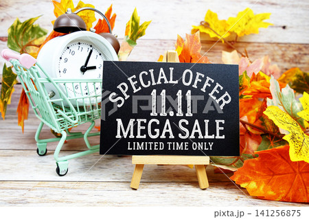 11.11 Mega Sale Special Offer Limited Time Only text with alarm clock and maple leaf decoration on wooden background 11.11 Mega Sale Special Offer Limited Time Only text with alarm clock and maple leaf decoration on wooden background 141256875