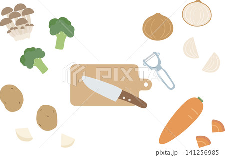 調理前の野菜とキッチンツールのイラスト素材セット（家庭料理の定番食材） 141256985