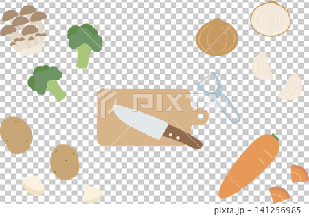 調理前の野菜とキッチンツールのイラスト素材セット（家庭料理の定番食材） 141256985