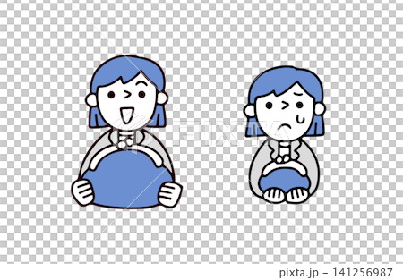 A set of illustrations of a young woman in a suit who has saved money and a young woman in a suit who has not much money. A set of illustrations of a young woman in a suit who has saved money and a young woman in a suit who has not much money. 141256987
