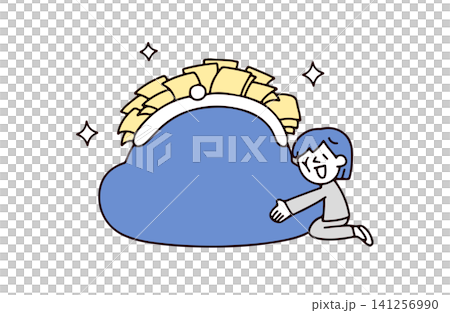 An illustration of a young woman in a suit hugging a coin purse full of banknotes. An illustration of a young woman in a suit hugging a coin purse full of banknotes. 141256990