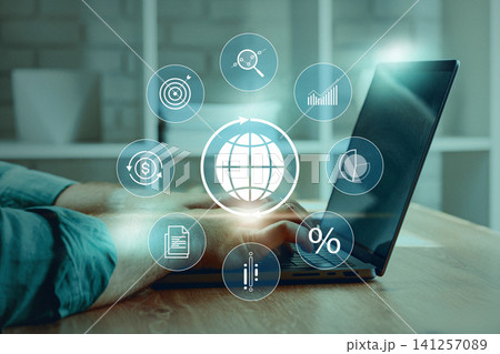 Market activity during an initial public offering IPO with digital tools on a laptop in a modern workspace 141257089