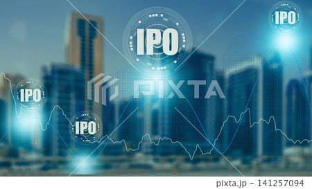 Investors track the initial public offering trends in a city with skyscrapers during the financial market analysis 141257094