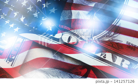 Chart shows money and coins during recession with USA flag background Chart shows money and coins during recession with USA flag background 141257126