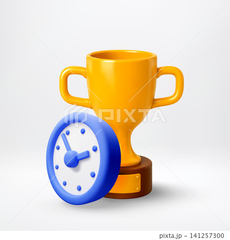 3D Golden trophy cup with clock beside 3D Golden trophy cup with clock beside 141257300