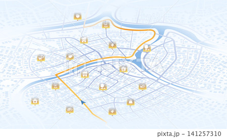 GPS navigation map with point of interest icons and orange travel route. Vector illustration. GPS navigation map with point of interest icons and orange travel route. Vector illustration. 141257310