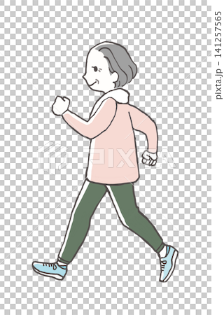 手繪插圖,描繪了一位老年婦女行走的情景,象徵著健康的生活方式。 手繪插圖,描繪了一位老年婦女行走的情景,象徵著健康的生活方式。 141257565