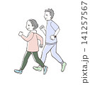 ウォーキングをするシニア夫婦　健康的なライフスタイルの手描きイラスト 141257567