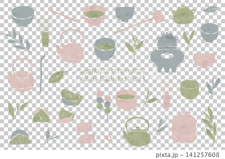 Watercolor-style illustration set of matcha and tea ceremony utensils: Traditional Japanese cultural materials Watercolor-style illustration set of matcha and tea ceremony utensils: Traditional Japanese cultural materials 141257608