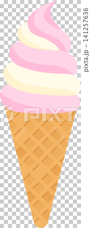 Strawberry & Vanilla Mixed Soft Serve Ice Cream | Vector Illustration of an Ice Cream Cone 141257636